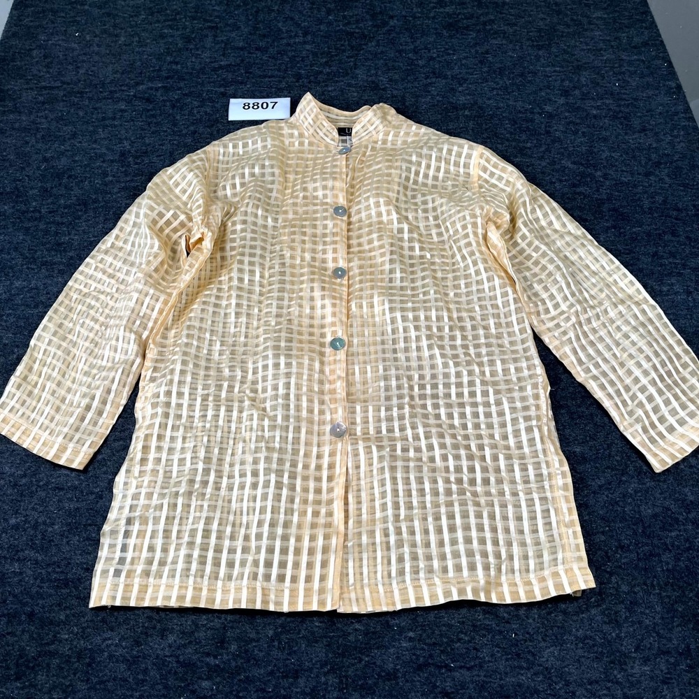 Under Construction Shirt‎ Womens Small Beige Plaid Silk Mandarin Button Up